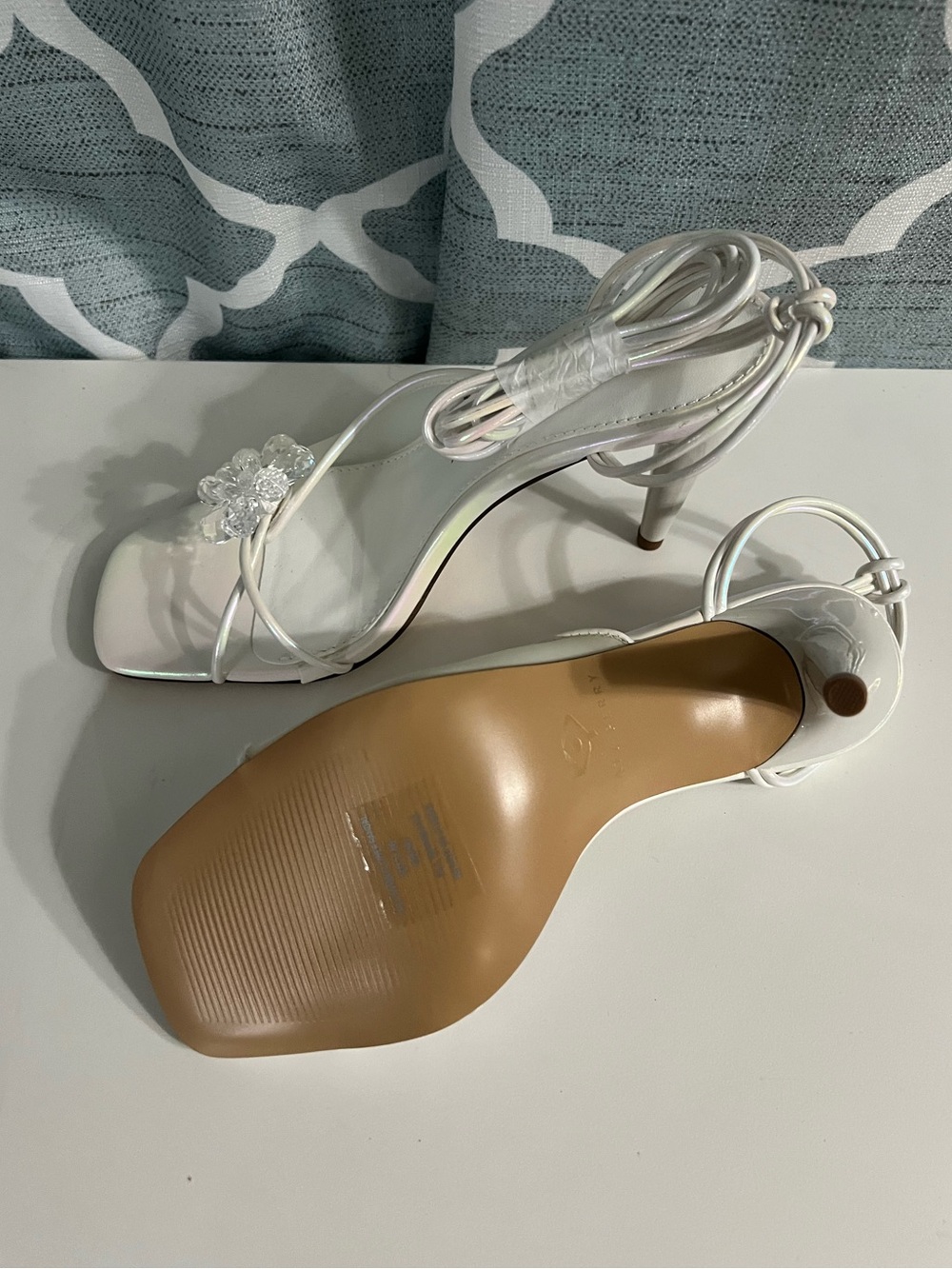 Katy Perry Collections Iridescent White Strappy Heels with Crystal Flower - Picture 4 of 4